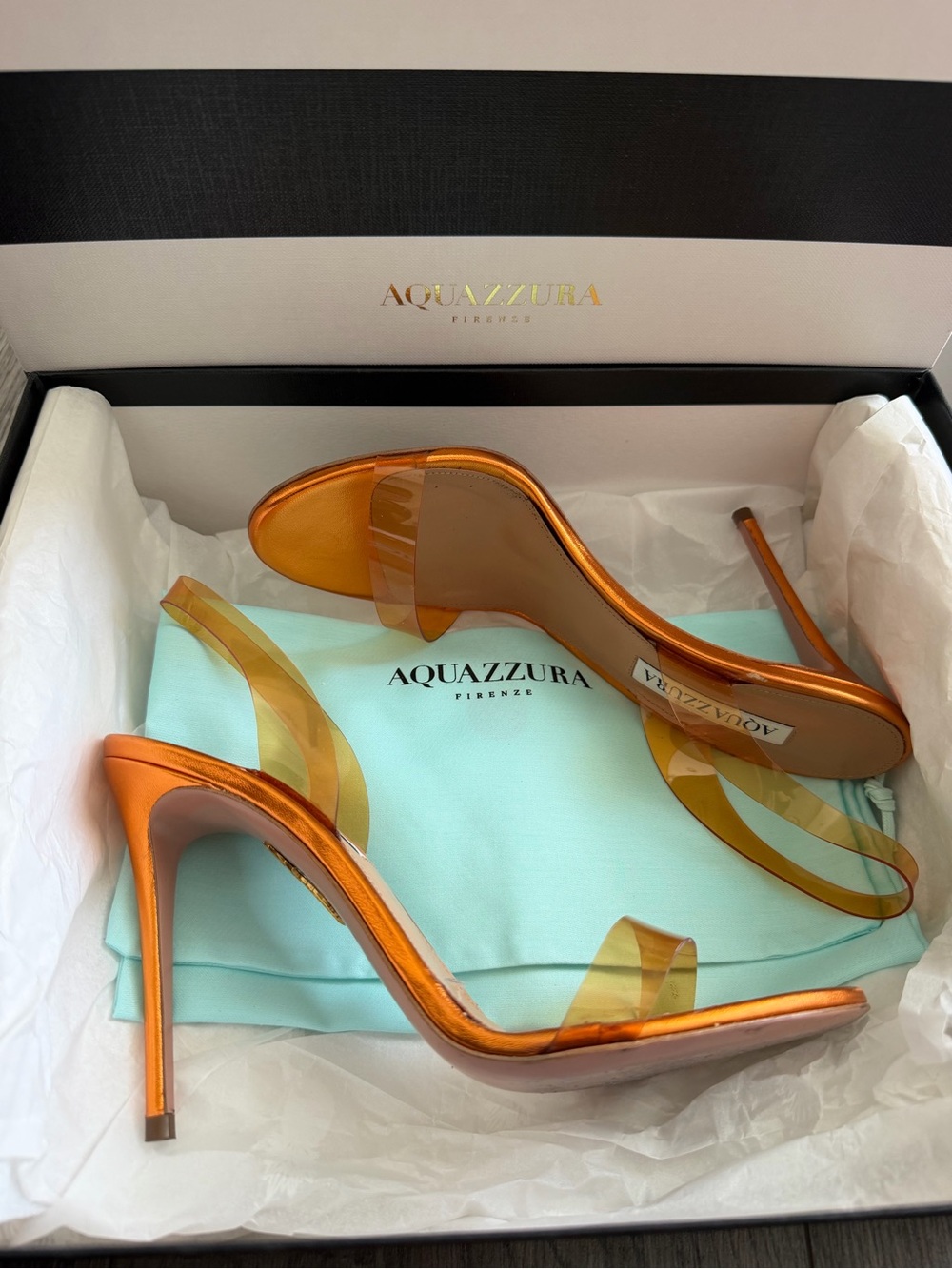 Aquazzura So Nude Plexi 105 Metallic Mandarin Orange Sandals Heels – Size 37.5